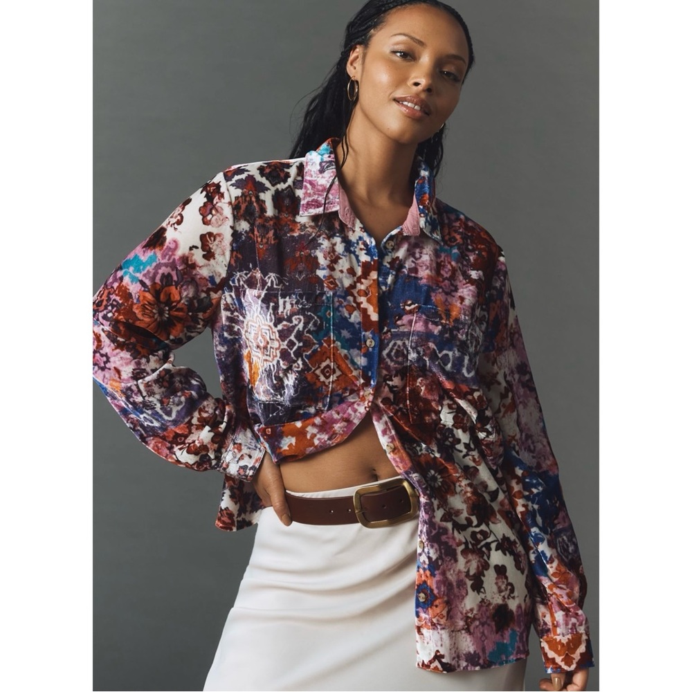 Anthropologie Pilcro The Hadley Velvet Relaxed Button-down Shirt in Pink Sz. 2X - Picture 7 of 14